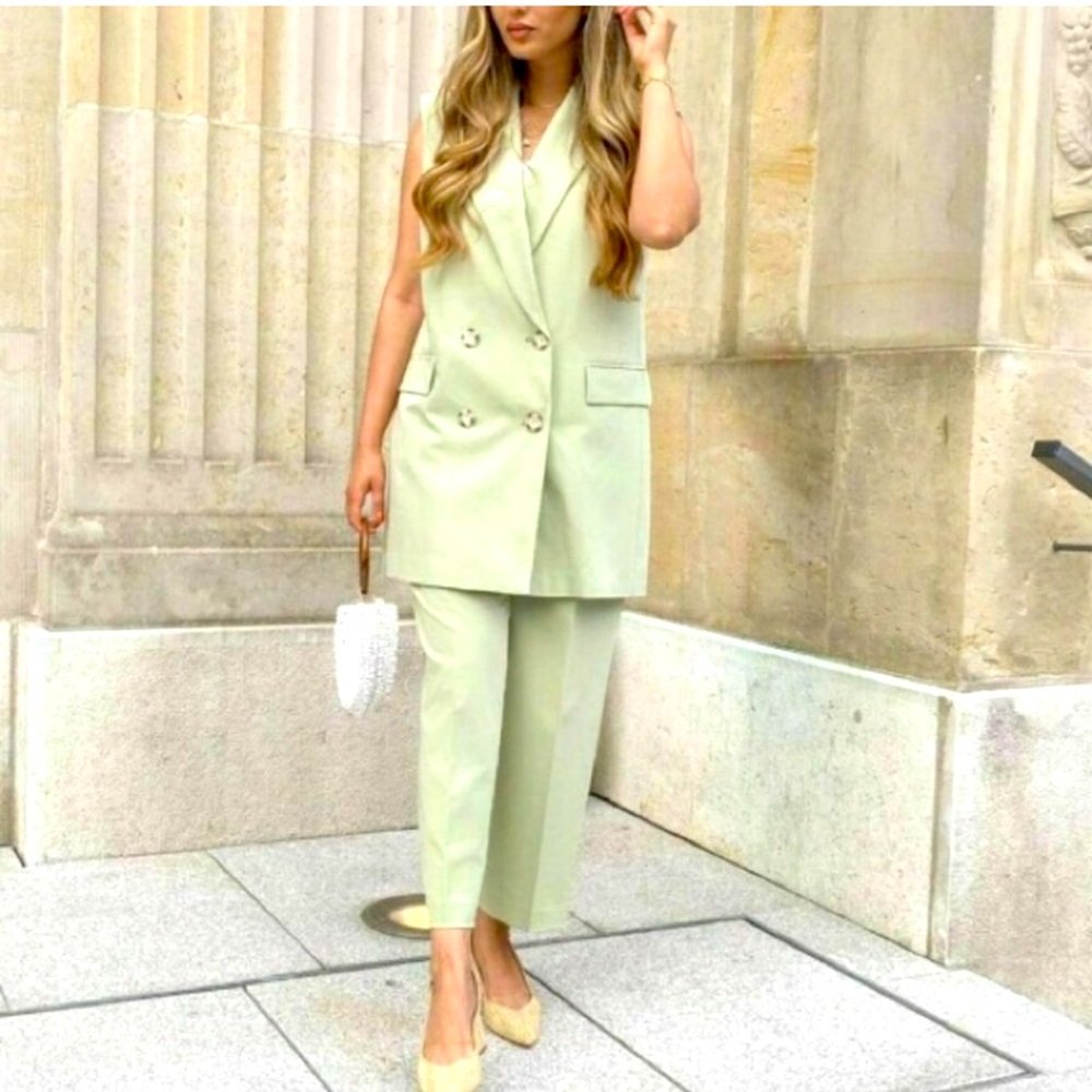 Zara two pieces double breasted vest & belted pant set